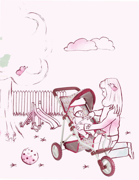 3-Wheel Compact Flower-Print Doll Buggy "Happy Flower